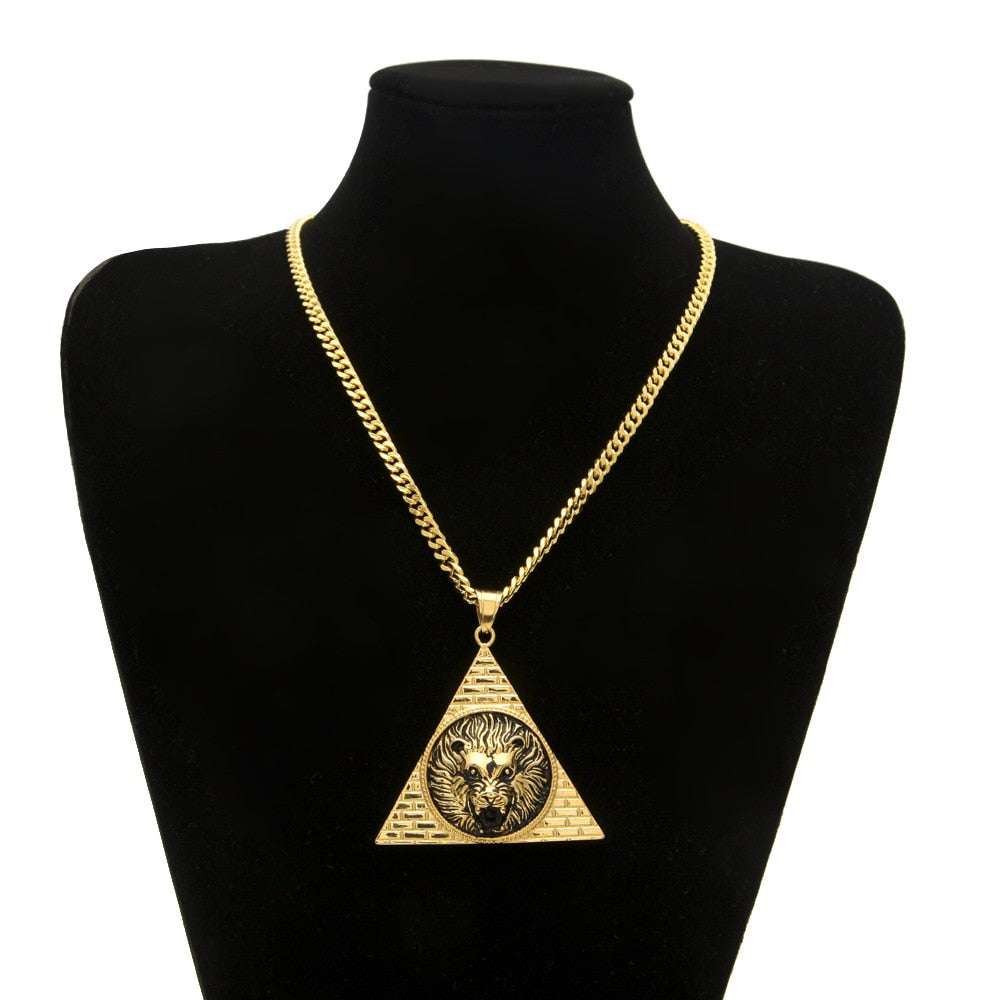 Stainless Steel Men Gold Color Triangle Lion Pendant Necklaces 70cm Long Cuban Link Chain Necklace