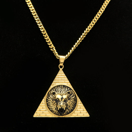 Stainless Steel Men Gold Color Triangle Lion Pendant Necklaces 70cm Long Cuban Link Chain Necklace