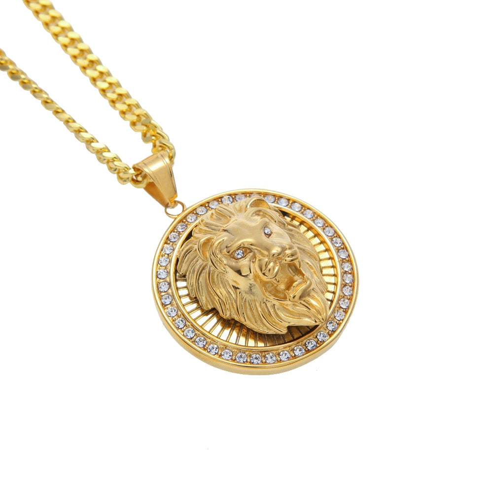 Mens Hip Hop Jewelry Iced Out Gold Color Fashion Bling Bling Lion Head Pendant Men Necklace Gold Color For Gift/present