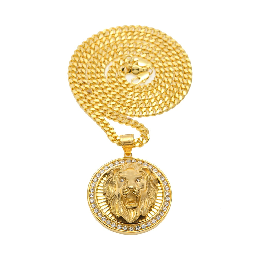 Mens Hip Hop Jewelry Iced Out Gold Color Fashion Bling Bling Lion Head Pendant Men Necklace Gold Color For Gift/present