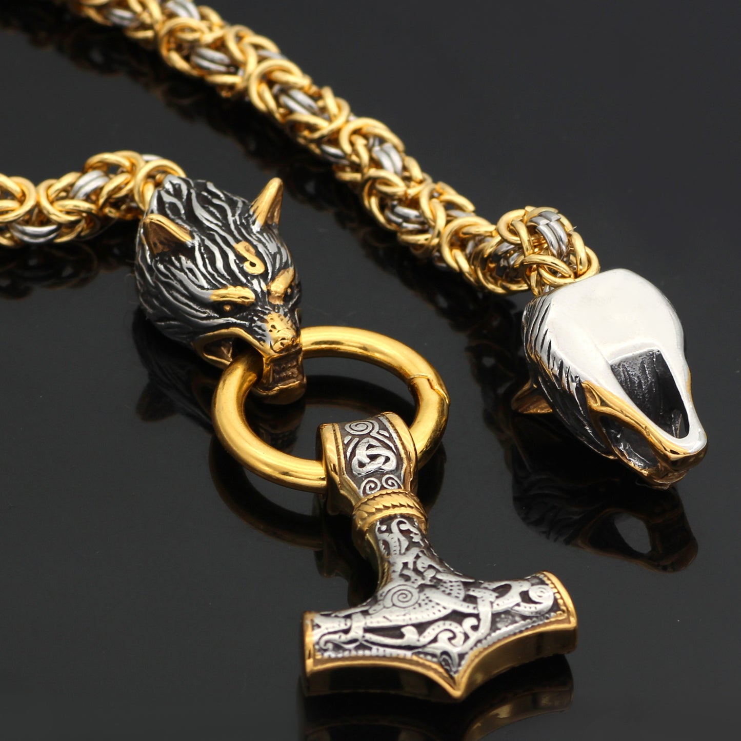 Men stainless steel Wolf head norse viking amulet thor hammer pendant necklace viking king chain