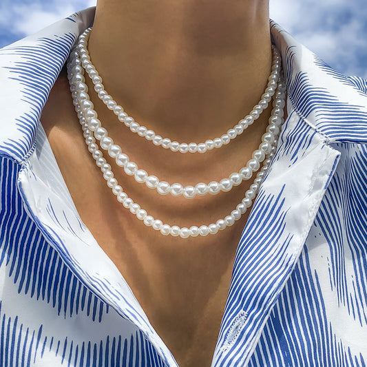 Jewelry Simple Temperament Three Layers Wearing Pearl Sweater Chains Handsome All-match Fashion Men's Necklace