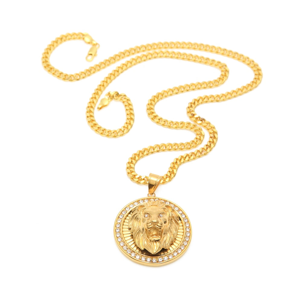 Mens Hip Hop Jewelry Iced Out Gold Color Fashion Bling Bling Lion Head Pendant Men Necklace Gold Color For Gift/present