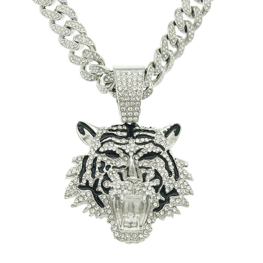 Punk Hip Hop Iced Out Crystal Tiger Pendant Necklace Chunky Miami Cuban Link Chain Necklace Zircon Choker For Women Men Jewelry