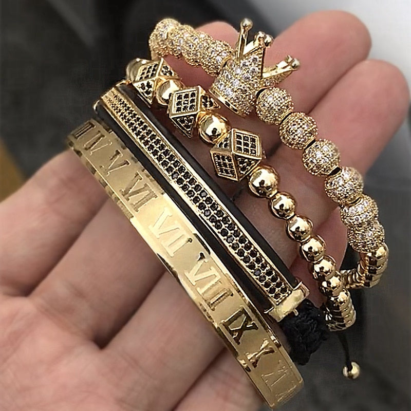 Classical Handmade Braiding Bracelet Gold Hip Hop Men Pave CZ Zircon Crown Roman Numeral Bracelet  Luxury Jewelry