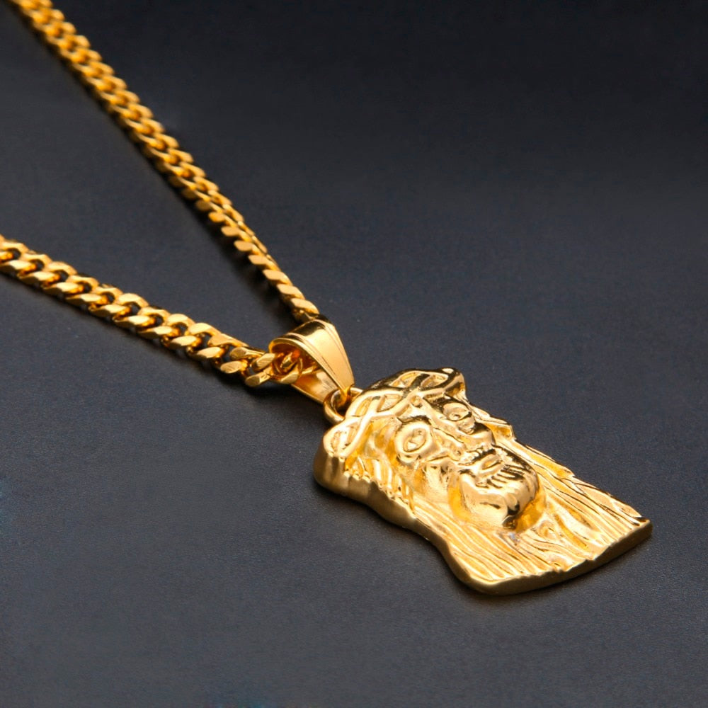 Men And Women Gold Color Micro Solid God Bless Jesus Face Charm Pendant Necklace With 5mm 30inch Cuban Chain Hiphop Jewelry