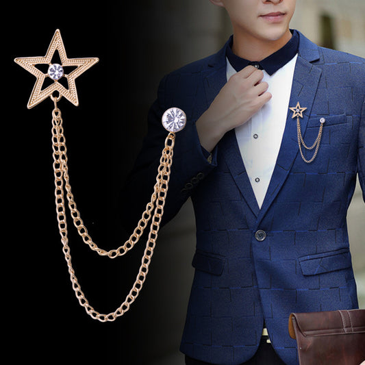 Fashion Tassel Chain Pentagram Rhinestone Brooch For Men